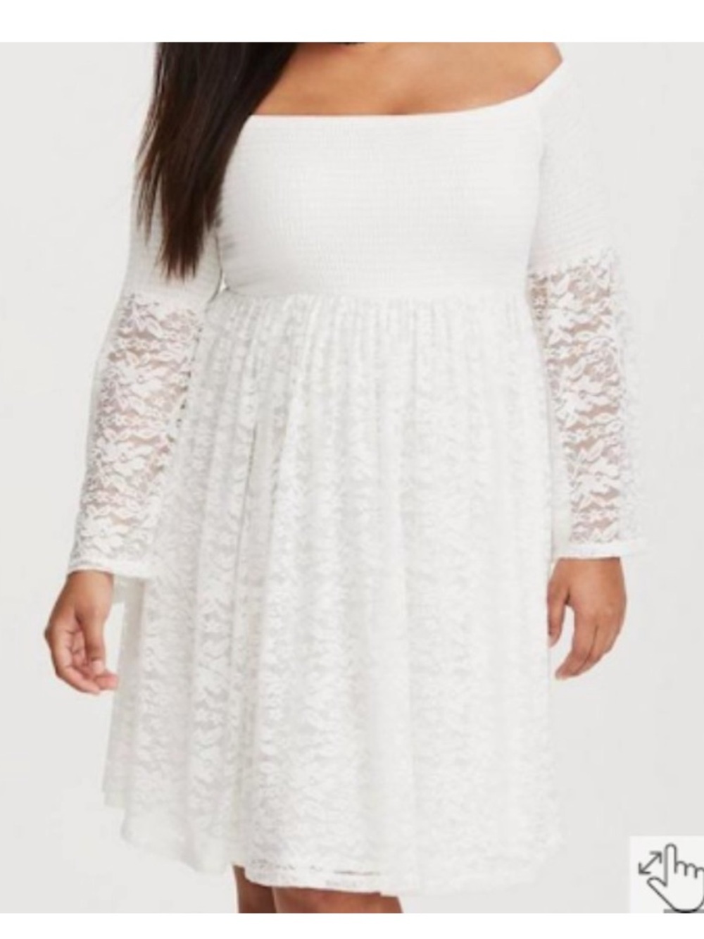 torrid White Off-Shoulders Lace Fit-and-Flare Dress with long bell lace sleeves